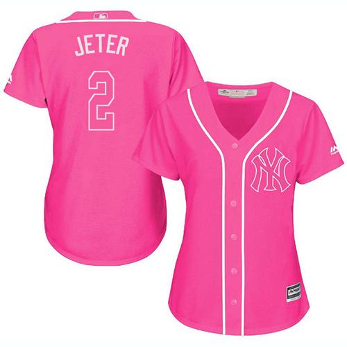 Yankees #2 Derek Jeter Pink Fashion Women's Stitched MLB Jersey - Click Image to Close